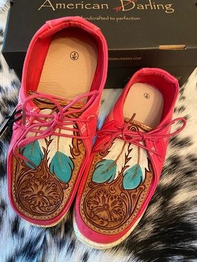 American Darling Pink Tooled Leather Loafers with Turquoise Feather